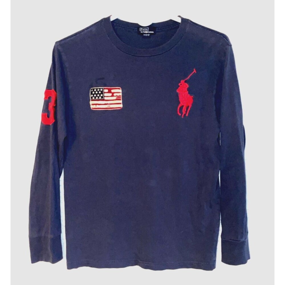 Polo Ralph Lauren Big Pony USA Flag Patch Long Sleeve Shirt Boys L (10-12) #3